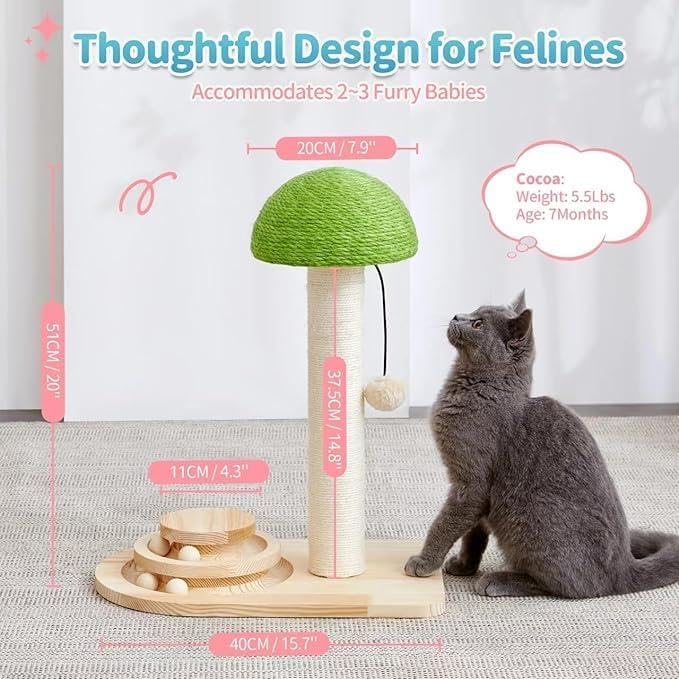 Mushroom Cat Scratching Post with Sisal Rope and Interactive Ball Track – 2-in-1 Wooden Cat Scratcher with Dangling Ball Toy and 20-Inch Scratch Pad for Indoor Cats