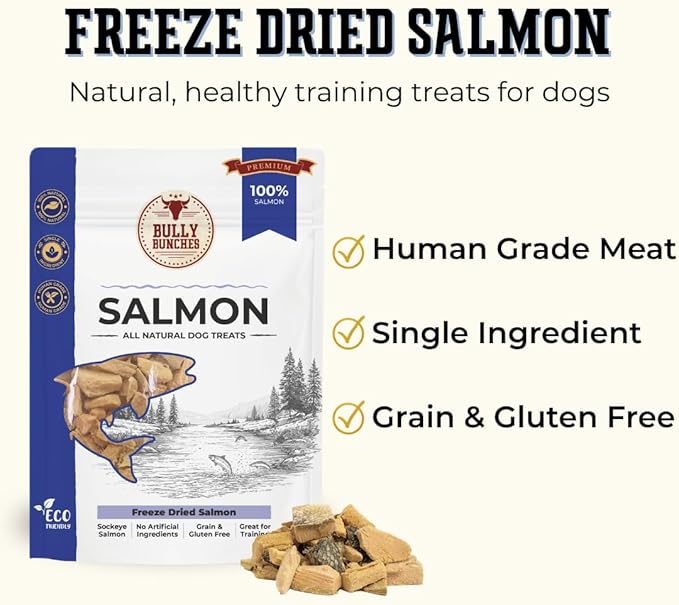 Bully Bunches Freeze Dried Salmon Dog Treats – Made in USA, Human Grade, All Natural Training Treats for Dogs, High Protein Salmon Bites, Healthy Dog Snacks, Grain Free, 3.53 oz