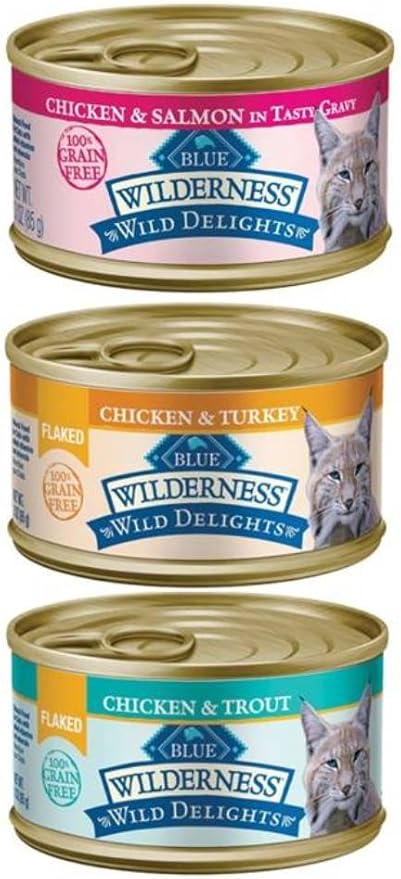 Blue Buffalo Wild Delights Grain Free Natural Cat Food 3 Flavor Variety 6 Can Bundle: (2) Flaked Turkey/Gravy, (2) Chicken/Salmon/Gravy, and (2) Flaked Trout, 3 Oz. Ea.
