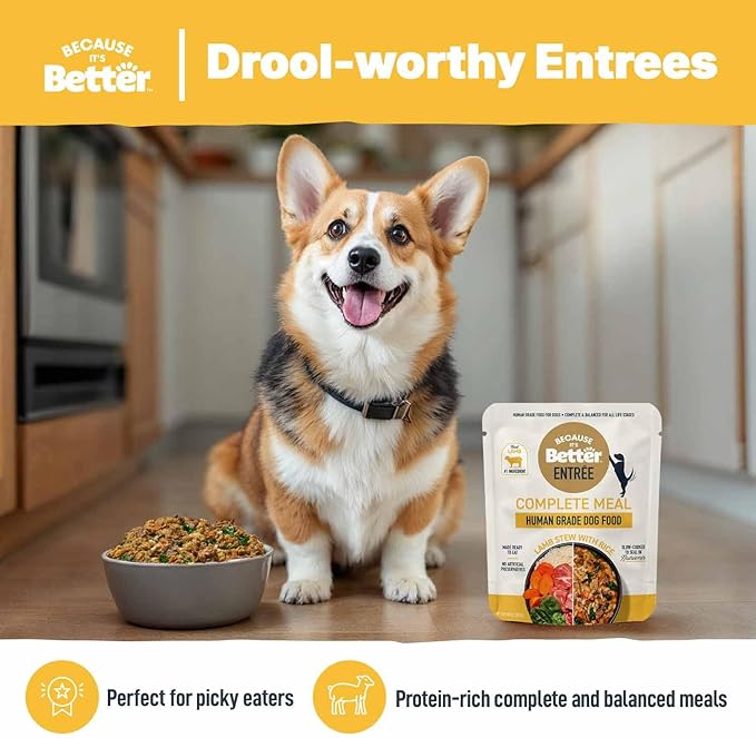 Because it's Better Entrée Complete Meal, Lamb Stew with Rice, Human Grade Wet Dog Food, 10 oz Pouches, 6 Count (Pack of 2)