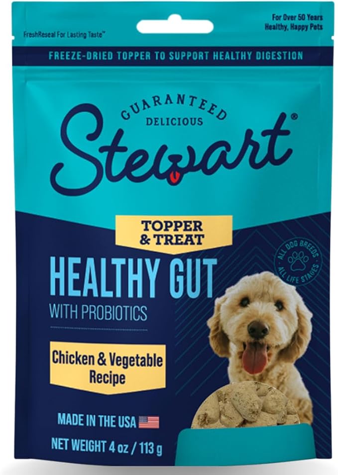 Stewart Freeze Dried Dog Food Topper, Healthy Gut, Chicken and Vegetable Recipe, 4 Ounce Pouch, with Live Cultures for Enhanced Digestion