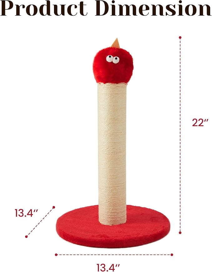 Cat Scratching Post for Small Space, 22'' Scratching Posts for Indoor Cats Adults, Extra Wide 13.4" Stable Base & Natural Sisal, Cute Cat Scratching Post with Short Plush Fabric for Large Cats, Red