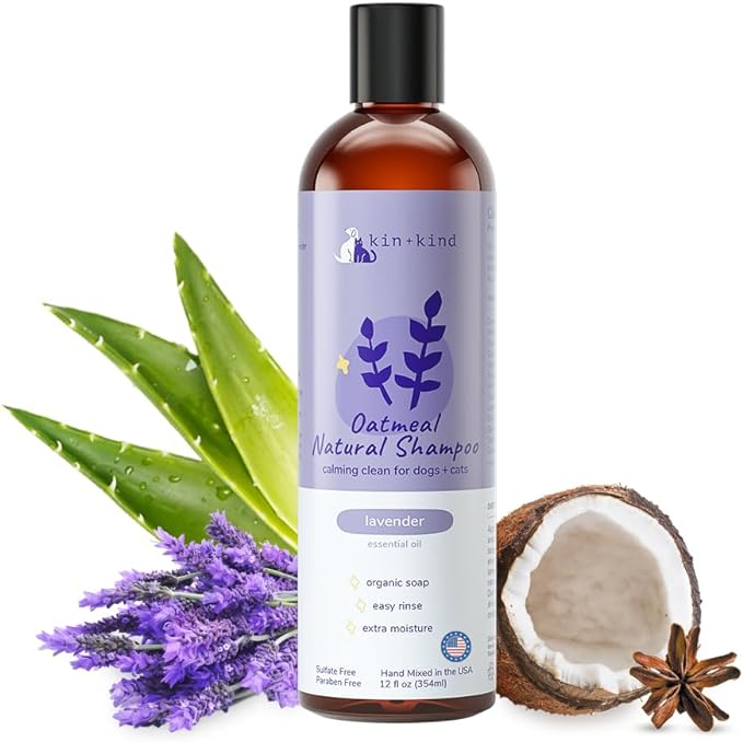 kin+kind Oatmeal Shampoo for Dogs & Cats – Natural Anti Itch Pet Shampoo for Sensitive Skin w/Colloidal Oatmeal, Coconut Oil & Olive Oil – Moisturizing Oatmeal Bath for Dry, Itchy – Lavender 12 fl oz