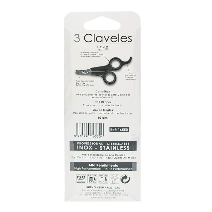 3 Claveles 16550 Nail Clipper for Cats with Apoyadedos and thimbles