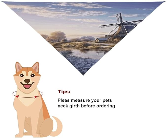 Dog Bandana Spring Pet Scarf Adjustable Triangle Landscape with A Traditional Windmill Printing Dog Bib Washable Polyester Puppy Bandana for Small Medium Large Dogs Cat Birthday Party Supplies