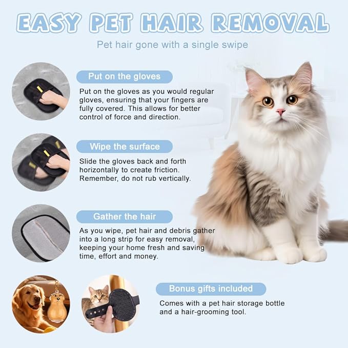 2026 Upgrade Thickened Electrostatic Gloves for Pet Hair Remover, Magic Pet Hair Disappear Gloves, A Comb for Dog&cat and One More Keychain Used for Storing Commemorate Puppy Hari.(Black)