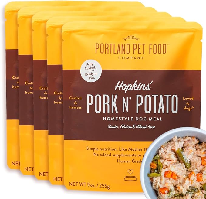 CRAFTED BY HUMANS LOVED BY DOGS Portland Pet Food Company Grandma Ada’s Turkey & Yams Wet Dog Food Pouches 5pk and Hopkin's Pork N’ Potato Wet Dog Food Pouches 5 pk Bundle