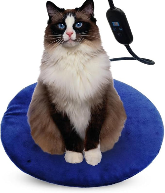 Pet Heating Pad for Cats & Small Dogs - Round 16 Inch,6 Heat Levels,Auto Shut Off Timer, Waterproof, Removable Washable Cover, Chew-Proof Cord, Digital Display