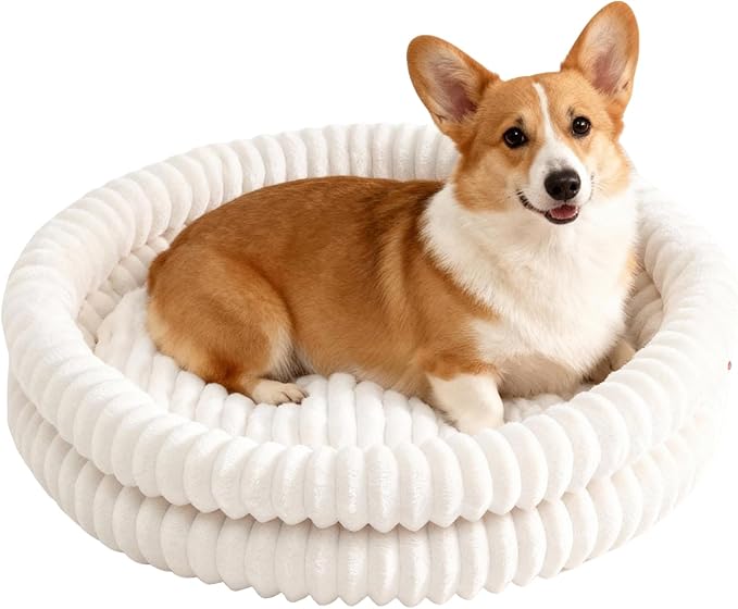 Donut Pet Bed for Cats & Small Dogs, Fluffy Warm Round Bed, Machine Washable with Anti-Slip Bottom, Indoor Use, White, 28"x28"x5"