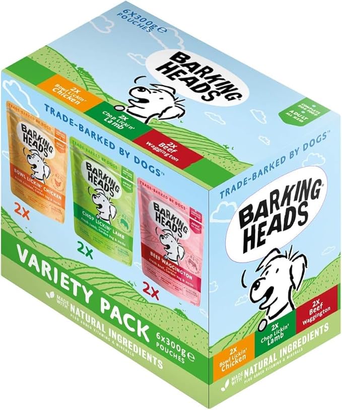 EHBOAQ Barking Heads Adult Dog Food Wet Pouches Variety Pack Natural and Grain-Free with No Artificial Flavours Plus Added Vitamins and Minerals 6 x 300g