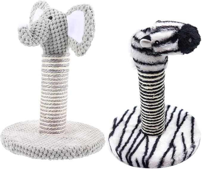 UPKOCH 2pcs Small Elephant Zebra Cat Scratching Posts Set, Vertical Sisal Scratcher Poles for Indoor Cats, Comfortable Kitten Climbing Resting Furniture