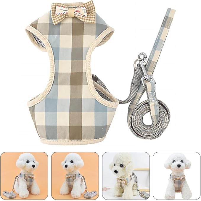 Dog Vest Harness and Puppy Leash Soft Mesh Breathable Medium Size Blue-White-Grey Plaid for Small Dogs and Cats Walking Training Pet Supply