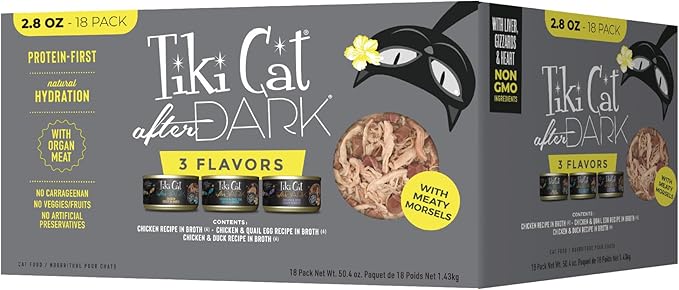 Tiki Cat After Dark, Variety Pack, High-Protein and 100% Non-GMO Ingredients, Wet Cat Food for Adult Cats, 2.8 oz. Cans (Pack of 18)