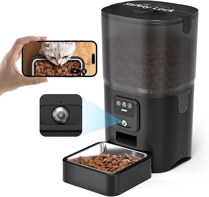 PAPIFEED Automatic Cat Feeder with 720p HD Camera & Night Vision, Two-Way Audio, 6L Smart Feeder with App Control via 2.4G WiFi, Easy Clean Detachable, Schedule 1-10 Meals/Day for Cats & Dogs - Black