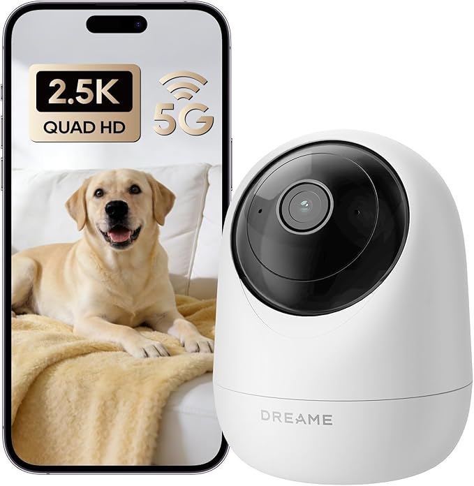 DREAME 2.5K 4MP Pet Dog Camera, Indoor Security Camera Wireless, Dual-Band 5G/2.4G Wi-Fi, Auto-Tracking, 360° Pan-Tilt, Cloud & Local Storage, Physical Privacy Mode, Work with Alexa & Google, White