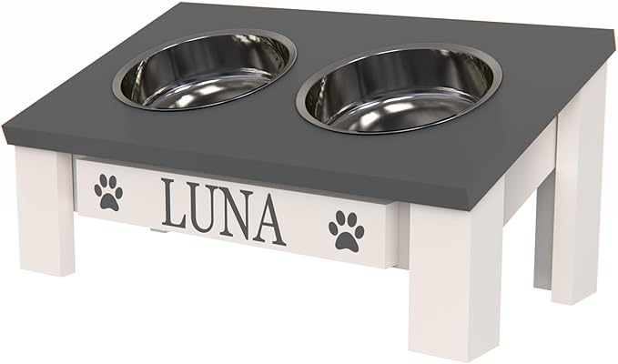 GTW Classic Tilted Elevated Dog Feeder – Angled Wood Stand with Stainless Steel Bowls for Short-Nose Dogs, Anti-Slip Farmhouse Design (Tilted, Grey)