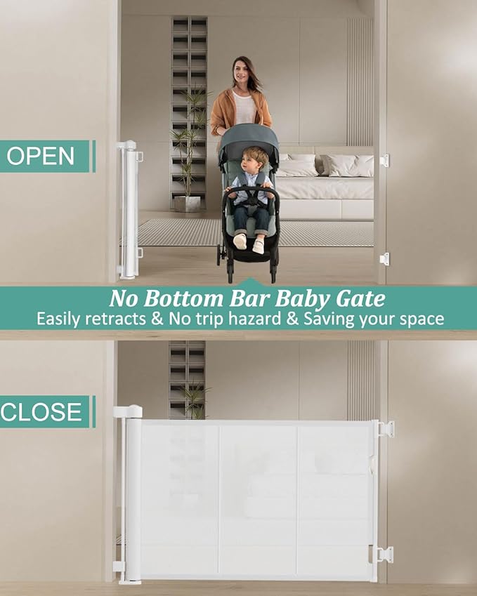 71 inch Retractable Baby Gates 34 inch Tall, Retractable Gate with Reinforced Strip Design to Prevent Crawling Through, 6 FT Retractable Dog Gate for Stairs, Doorways, Hallways, Indoor/Outdoor