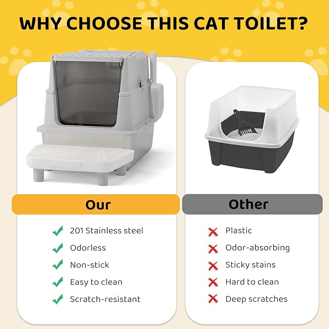 Outvita Stainless Steel Cat Litter Box with Lid 23.6", XL Metal Litter Box with Stair and Litter Scoop for Big Cats, Extra Large High Sided Enclosed, Anti-Leakage, Non-Sticky, Easy Cleaning