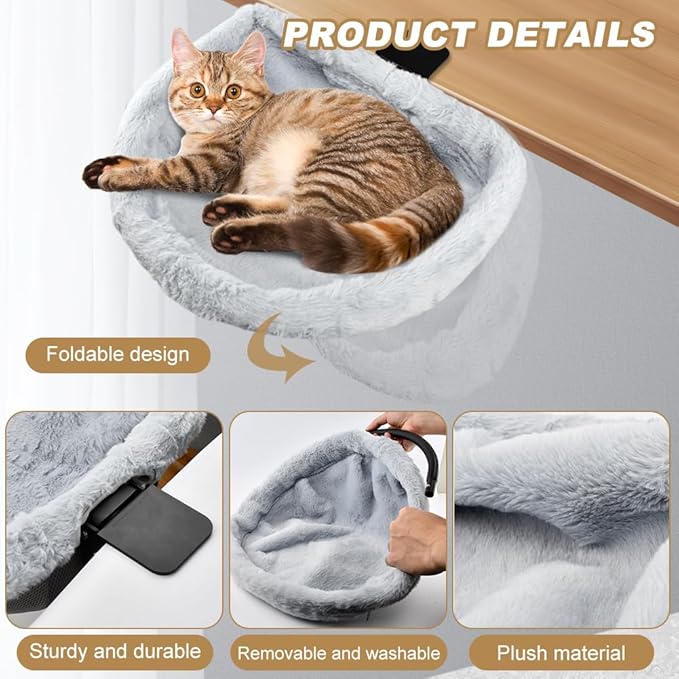 Cat Desk Bed for Remote Workers, 90° Foldable Washable Plush Cover Desk Perch Clamp, Sturdy Desktop Suspended Cat's Bed for Gaming Desks, Home Office, Maximum Hold Up to 40lb, Space-Saving