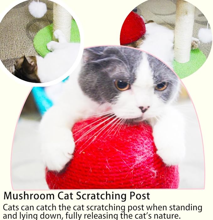 Red Mushroom Cat Scratching Post, Kitten Post Scratcher, Big 16in Base, Mushroom Cat Tree, Natural Sisal Scratching Poles with Interactive Toy Ball, Cute Furniture Scratching Posts for Indoor Cats