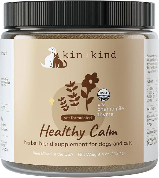 kin+kind Calm Power Supplement for Dogs and Cats – Natural Dog Calming and Cat Calming Support with Organic Chamomile, Thyme, Apple Pomace, Ginger & Coconut – Vet Formulated - Made in USA – 4 oz