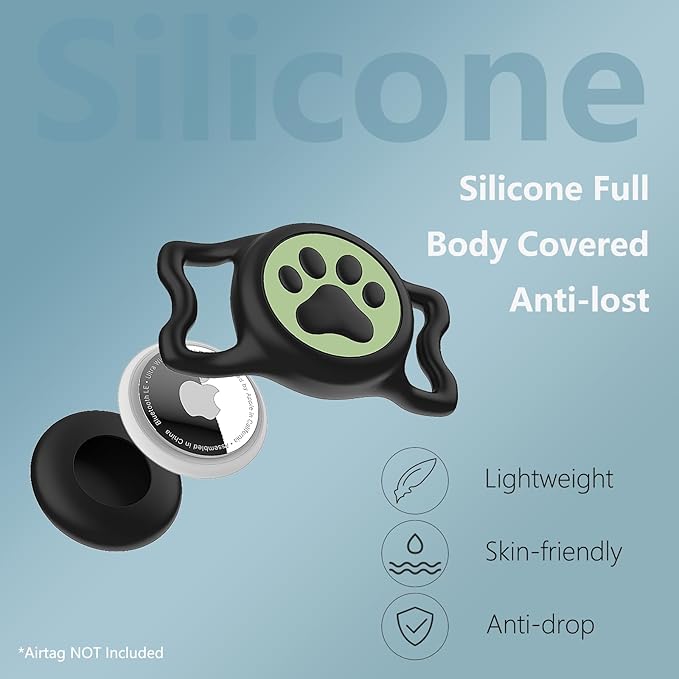 2-Pack Airtag Holder for Dog Collar, Waterproof Silicone Protective Case Cover, Anti-Lost Tracker Universal Fit for All Width Pet Collars(Black with Night Glow&Black with Night Glow)