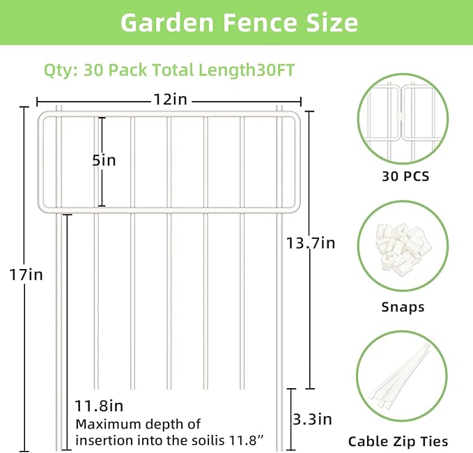 30 Pack Animal Barrier Fence, No Dig Fence Decorative Fences, Rustproof Metal Small Garden Fence Border for Dogs Rabbits (White, 30 Pack,30Ft)