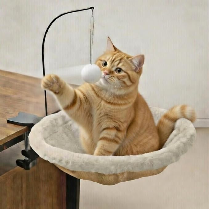 Cat Desk Bed for Home Office – Plush Clamp-On Cat Hammock with Hanging Feather and Ball Toy, Non-Slip Heavy-Duty Mount, Space-Saving Desk Mounted Cat Bed for Remote Workers Supports 40 lbs