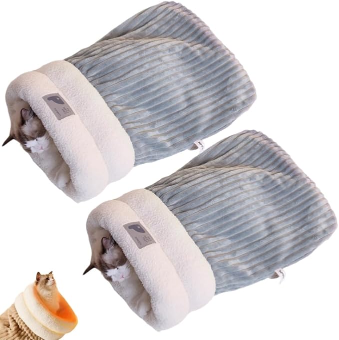 Cat Sleeping Bag, Cats Winter Sleeping Bag for Indoor Cats Cozy Plush Cat Cave Bed, Self-Warming Pet Snuggle Sack for Kitten Puppy Small Dogs (B-Grey Blue 2pcs, L-21"x17.7")