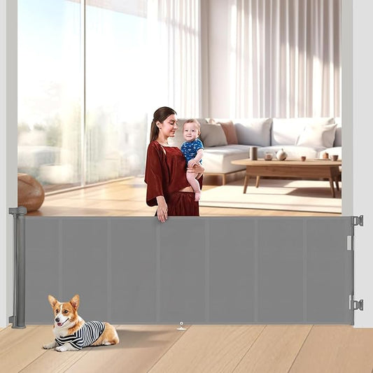 100 inch Retractable Baby Gates 34 inch Tall, Retractable Gate with Reinforced Strip Design to Prevent Crawling Through, 8 FT Extra Wide Retractable Dog Gate for Indoor/Outdoor