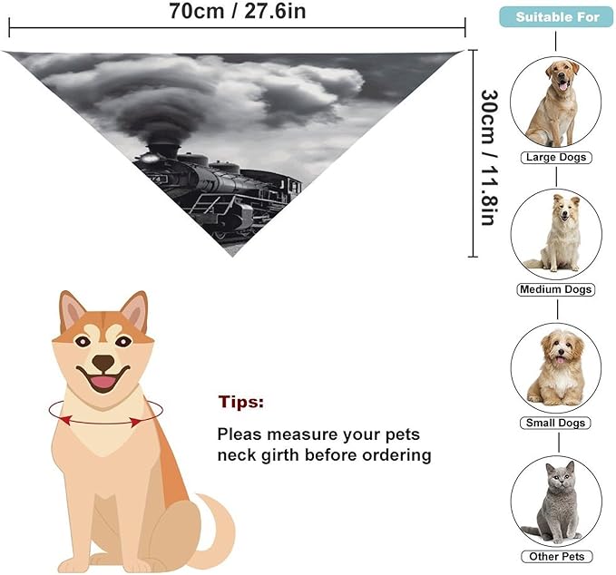 Dog Bandana Spring Pet Scarf Adjustable Triangle Steam Train Clouds Printing Dog Bib Washable Polyester Puppy Bandana for Small Medium Large Dogs Cat Birthday Party Supplies
