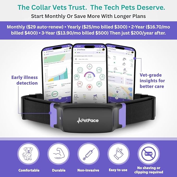 NEW Dog Health Monitor V3.0 by PetPace – AI Smart Collar with 24/7 Vital Signs, Pain & GPS Tracking, Telehealth AskaVet & Share With Your Vet, Smartwatch Sync – Subscription Required (Large)