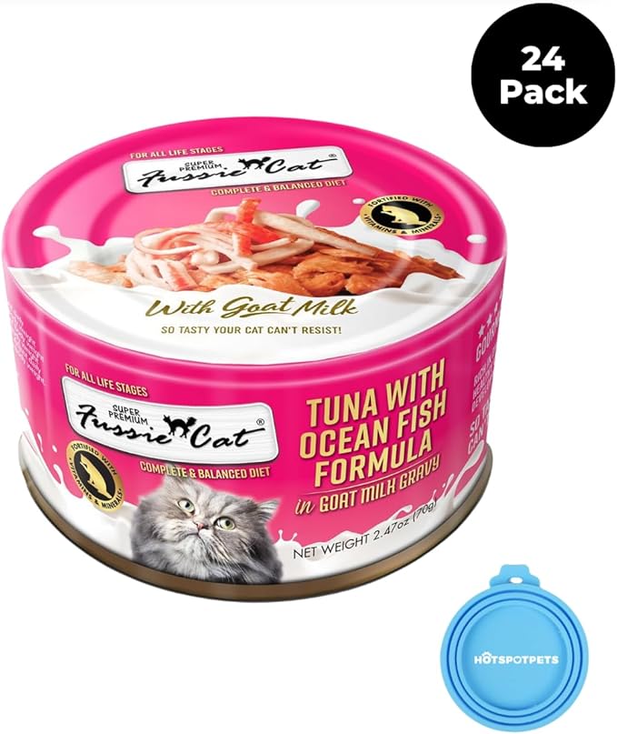 Fussie Cat Super Premium Canned Wet Cat Food in Goat Milk Gravy -2.47 oz Cans - Case of 24 Pack (Tuna & Oceanfish), Lid