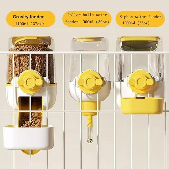 Pet Dog Cat Hanging Automatic Feeders, Auto Gravity Pet Feeder No Drip Water Set, Cage Pet Feeding Bowls Dispenser for Cats Dogs Puppy, Rabbit (Yellow)