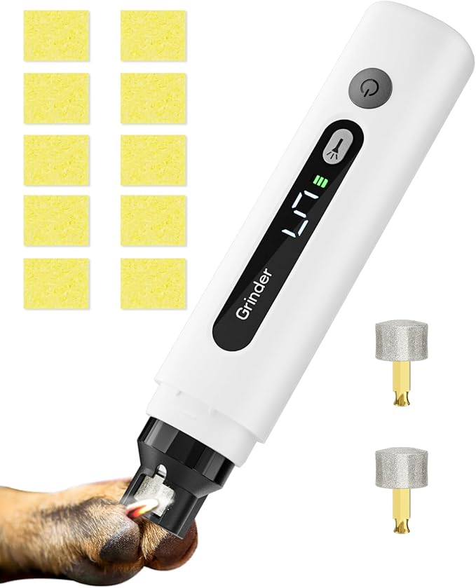 weini Dog Nail Grinder with Sponge Dust Collection, Ultra Quiet <35dB Pet Nail Trimmer for Large Dogs & Cats, Professional 5-Speed Electric Dog Nail Grinder Quiet, 7H Runtime,White