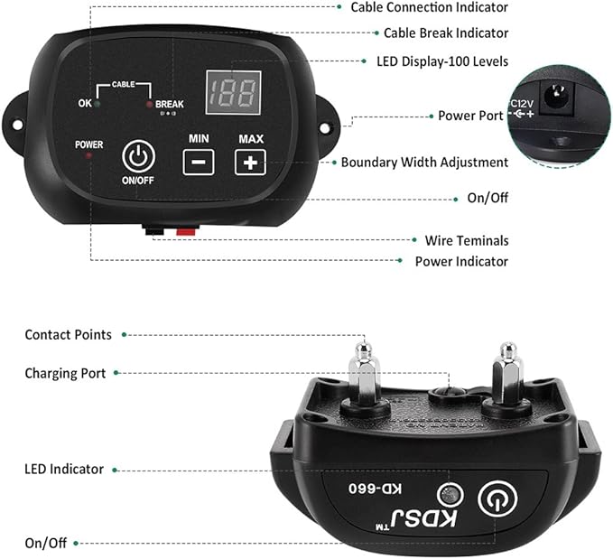 Electric Dog Fence, Wired Pet Containment System, Aboveground/Underground Installation, 650 Ft Wire, IP66 Waterproof Rechargeable Collar, Shock/Tone Correction Mode, 2 Collars