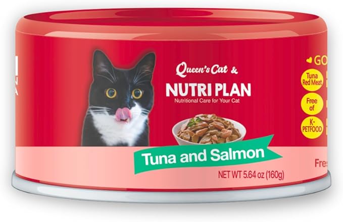 Queen's Cat & NUTRI PLAN Wet Cat Food Gourmet Tuna & Salmon Meat Recipe 5.64 oz Cans, High Protein Taurine Rich, No Added Preservatives or Seasonings, Complete Balanced Nutrition, Pack of 24