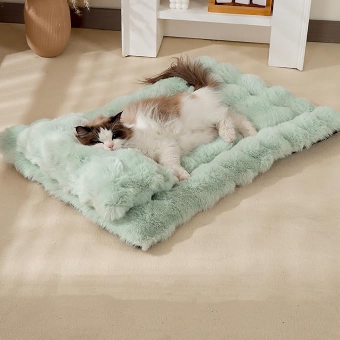 Cat Bed Mat Dog Crate Pads, Cat Beds for Indoor Cats Small Dogs, Plush Pet Bed Mats Faux Fur Dog Crate Mat with Removable Pillow for Cages/Floor/Couch (Green-with Pillow,XL-27.5 * 47.2 in)