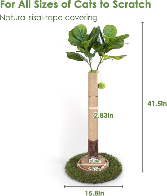 Cat Scratching Post, 35 Inch Tall Cat Scratcher Cat Tree Tower with Hanging Ball for Indoor Cats Adults,Fiddle Leaf Sisal Rope Kitten Scratch with Interactive Mouse Cat Toy