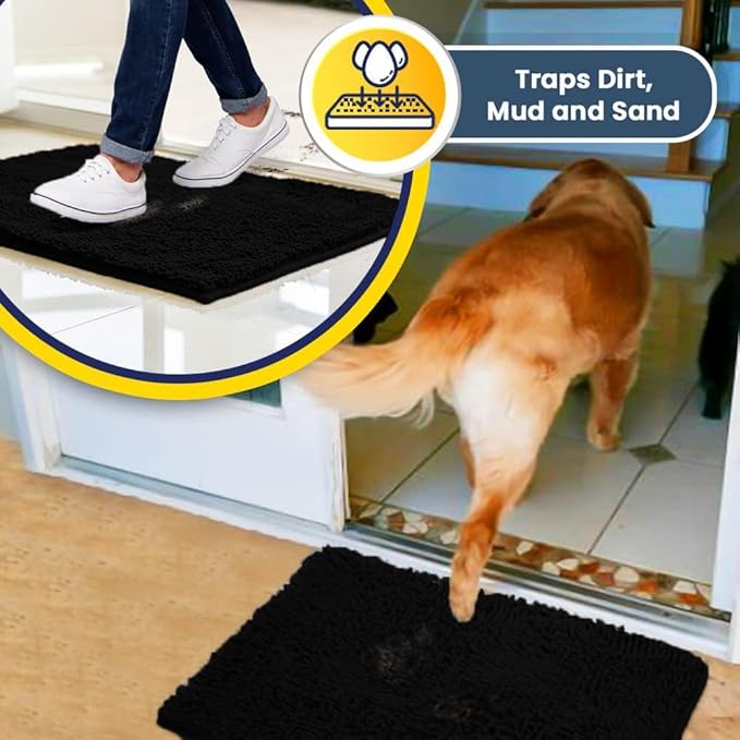 Muddy Mat® | Super Absorbent Door Mat Indoor, Microfiber Quick Dry Chenille Entryway Rug, Non-Slip Front Door Mat, Indoor Mats for Entryway, Machine Washable Pet Rug, Black 24"x96"