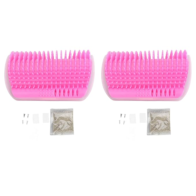 2PCS Self Grooming Cat Brush Interactive Toy Soft Cat Wall Corner Scratcher Massage Combs with Catnip (Pink)