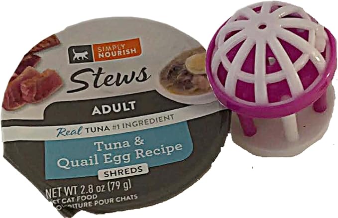SIMPLY NOURISH Adult Cat Stew Shreds 6-2.8 Ounce Cups. Plus Cat Toy Will Vary. (Tuna & Quail Egg Recipe)