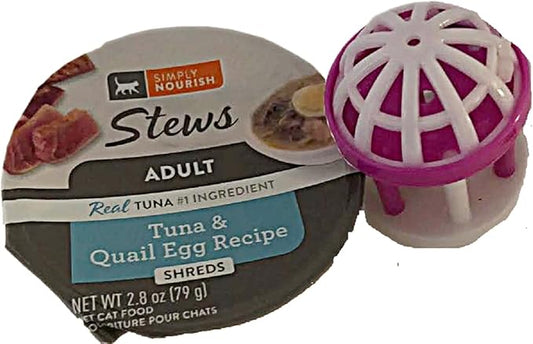 SIMPLY NOURISH Adult Cat Stew Shreds 6-2.8 Ounce Cups. Plus Cat Toy Will Vary. (Tuna & Quail Egg Recipe)
