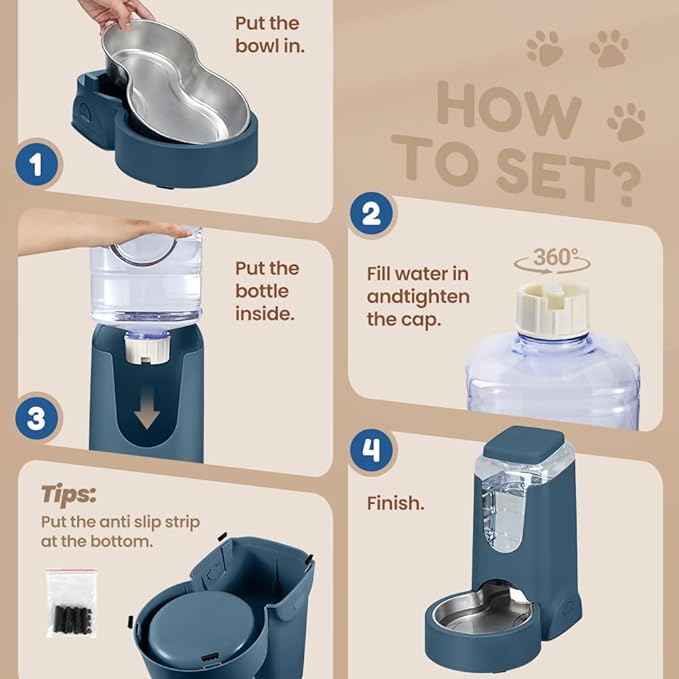 1 Gallon Automatic Cat Feeder Gravity Stainless Steel Water Dispenser Dog Feeder for Small Medium Puppy Kitten Pets Water Feeding Bowls, Navy