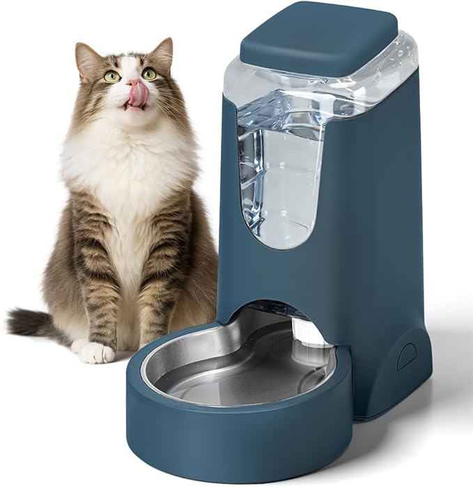 1 Gallon Automatic Cat Feeder Gravity Stainless Steel Water Dispenser Dog Feeder for Small Medium Puppy Kitten Pets Water Feeding Bowls, Navy