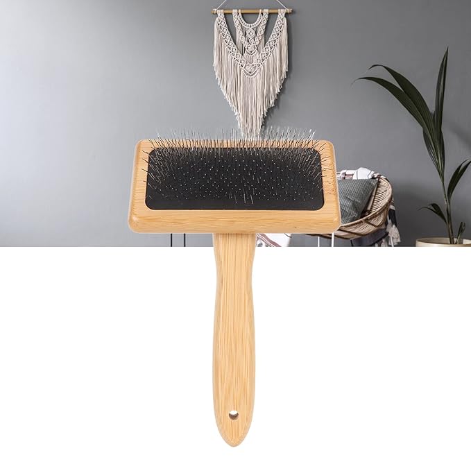 Macrame Slicker Pet Comb with Air Bag, Stainless Steel Teeth, Cushion Bamboo Handle Cleaning Pet Hair Brush, Pet Detangling flea Comb Tool for Dog Cat Safe Gentle Grooming