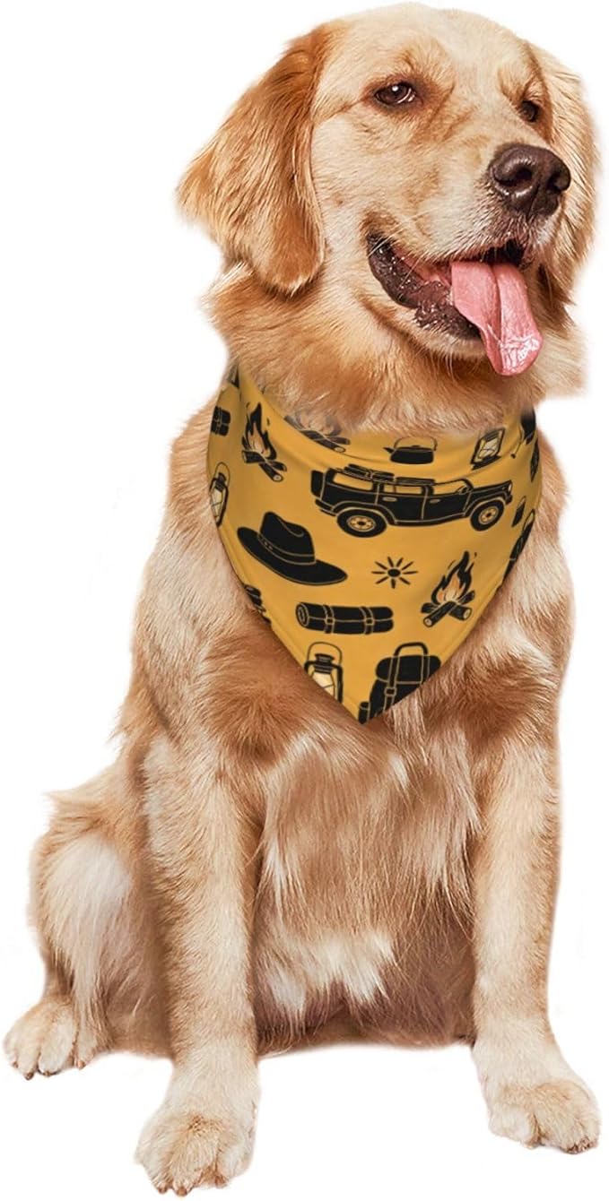 Happy Camper Summer Dog Bandana，Adorable Puppy Accessory for the avid Camper ，Pet Neckerchief for Pets Daily Wear Photo Prop Party Supplies,Funny Cute Dog Bandana (Turmeric)