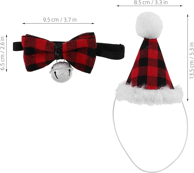 UKCOCO 2 Sets Christmas Pet Hats and Bow Ties for Dogs and Cats – Plaid Small Dog Neck Tie and Puppy Party Supplies – Festive Holiday Costume Accessories for Pet Christmas Dress-up