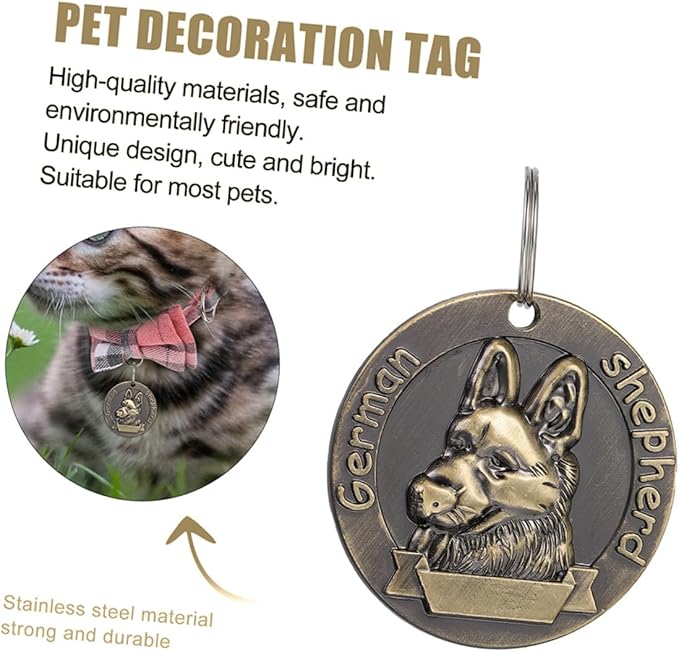 ABOOFAN 4pcs Retro Metal Dog Id Tags Pet Hanging Charms Vintage Bronze Dog Collar Pendants for Shepherd Breed, Sturdy Name Tags for Pet Supplies and Collar Accessories