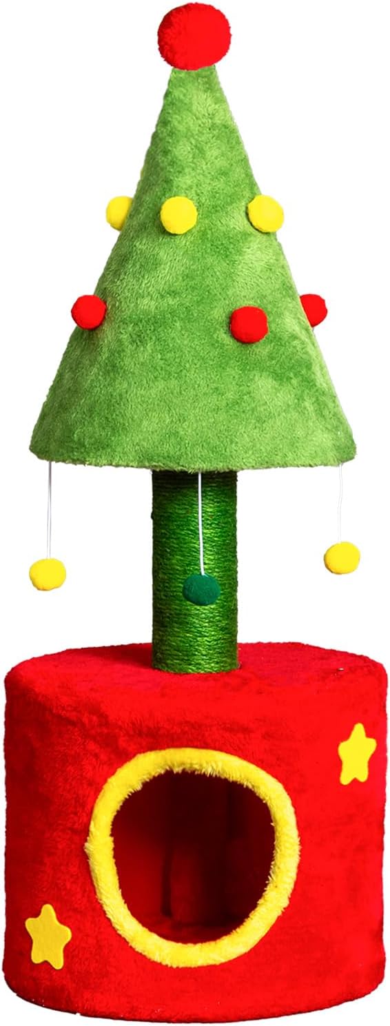 30in Cat Scratching Post with Cat House for Indoor Kitten, Small Cat Tree Tower with Sisal Post and Cute Hanging Balls, Red & Green